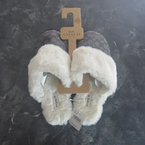 Coach Signature Jacquard Faux Fur Slippers – Black/Grey – Size 11 – New (B2) - Picture 7 of 7